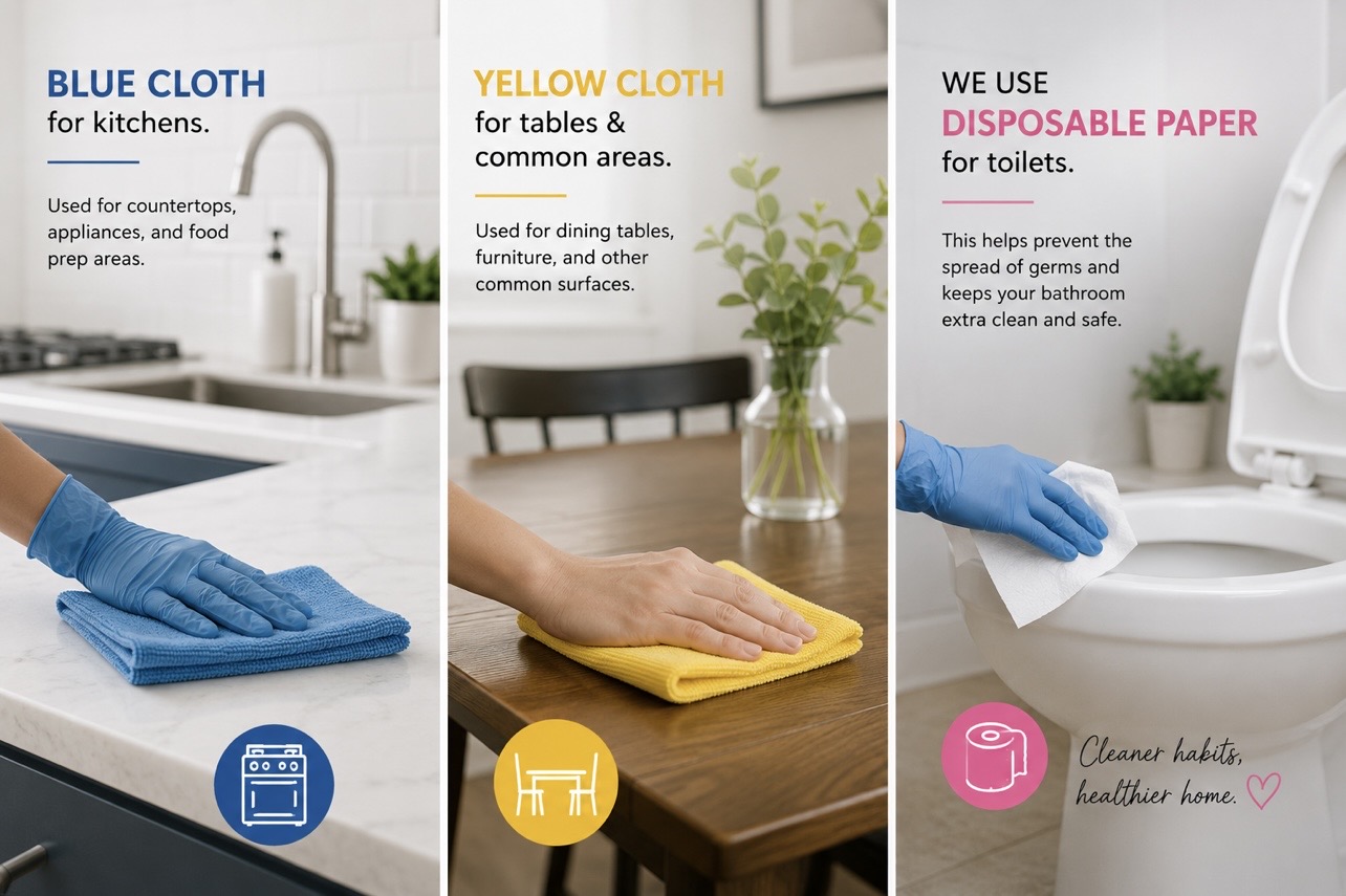 Color-coded cleaning cloth system used by Greatest Cleaning Services